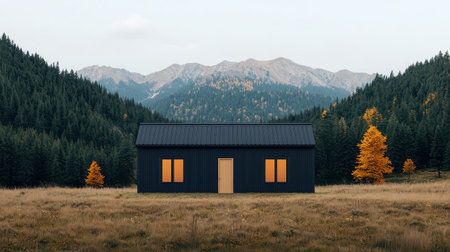 A modern black cabin stands in a serene landscape of mountains and autumn trees, showcasing a peaceful retreat in nature.の素材