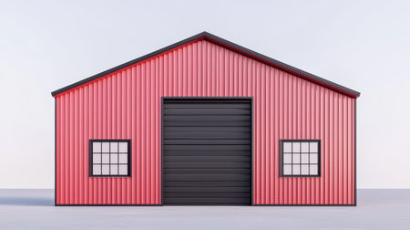 A bright red barn with a black door and windows, set against a plain background, showcasing a simple, modern design.の素材