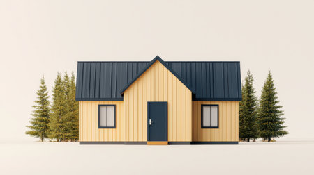 A modern, minimalist wooden house surrounded by evergreen trees, showcasing a stylish design with a blue roof and a welcoming front door.の素材