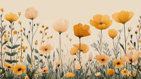 A vibrant field of yellow flowers swaying gently, showcasing various shapes and sizes against a soft, muted background.の素材