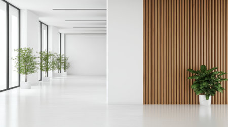 A modern, minimalistic interior featuring large windows, wooden accents, and potted plants, creating a bright and inviting atmosphere.の素材