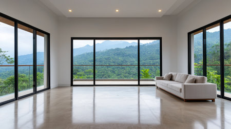A modern, minimalistic living room with large windows showcasing a beautiful mountain view.の素材