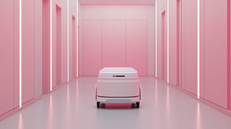 A sleek, white robotic cart stands in a minimalist, pink corridor, illuminated by soft lighting, creating a modern and futuristic atmosphere.の素材