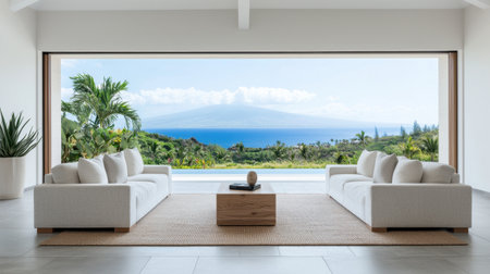 A bright, modern living room with white sofas and a stunning ocean view, framed by large windows amidst lush greenery.の素材