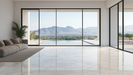 A spacious, modern living room with large glass doors showcasing a stunning mountain view and a serene swimming pool outside.の素材