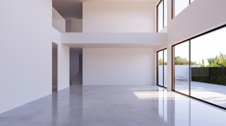 A spacious, modern interior with large windows, minimalist design, and polished floors, offering a bright and airy atmosphere.の素材