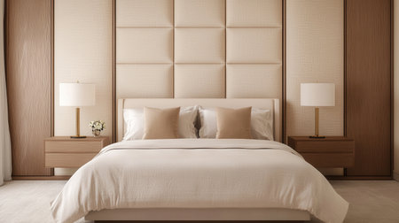 A serene, modern bedroom featuring a plush bed, elegant bedside lamps, and a textured wall, creating a cozy and inviting atmosphere.の素材