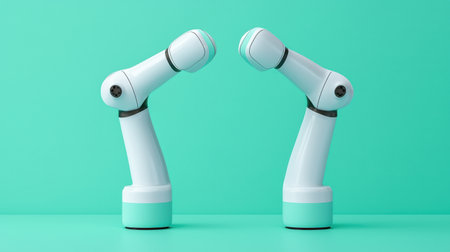 Two robotic arms face each other against a mint-green background, showcasing a modern design and emphasizing technology and innovation.の素材