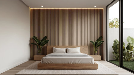 A modern, minimalistic bedroom featuring wooden accents, plants, and large windows, creating a serene and inviting atmosphere.の素材