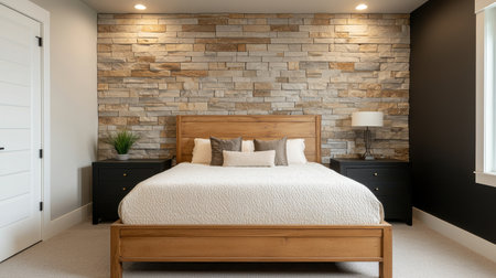 A serene bedroom featuring a wooden bed, stone accent wall, modern decor, and cozy lighting, creating a warm and inviting atmosphere.の素材