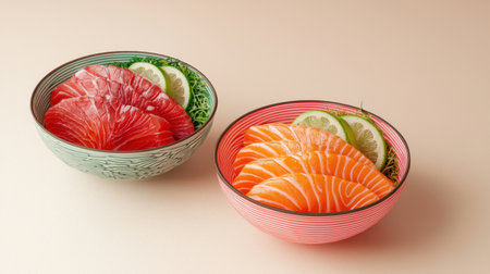 Two bowls of beautifully arranged sashimi, featuring vibrant slices of salmon and tuna, garnished with lime slices on a soft, neutral background.の素材