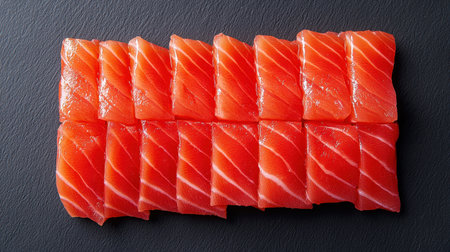 Freshly sliced salmon sashimi arranged neatly on a dark surface, showcasing vibrant colors and delicate textures.の素材