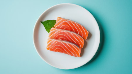 Fresh salmon slices on a white plate with a green leaf, set against a light blue background, showcasing vibrant colors and textures.の素材