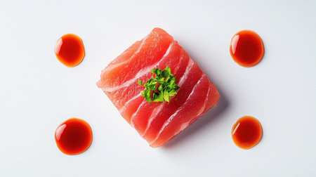 A beautifully arranged piece of sushi featuring vibrant pink tuna, garnished with herbs, and accompanied by splashes of sauce on a clean white plate.の素材