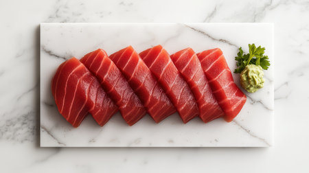 Fresh slices of vibrant red tuna arranged elegantly on a marble platter, accompanied by wasabi and a sprig of parsley.の素材