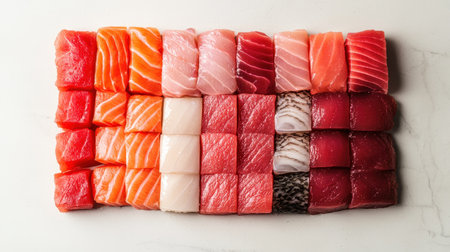 A colorful arrangement of sushi pieces showcases various types of fish, highlighting freshness and artistry in Japanese cuisine.の素材