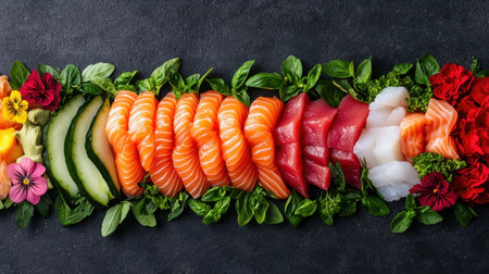 A vibrant sushi platter featuring assorted fish slices, garnished with fresh herbs and edible flowers, presented on a dark background.の素材