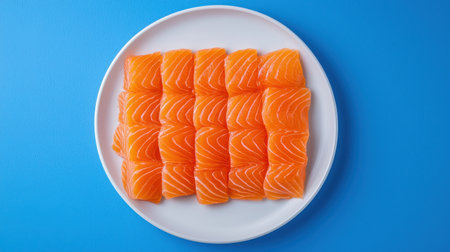 A vibrant plate of neatly arranged salmon sashimi slices on a blue background, showcasing fresh seafood elegance.の素材