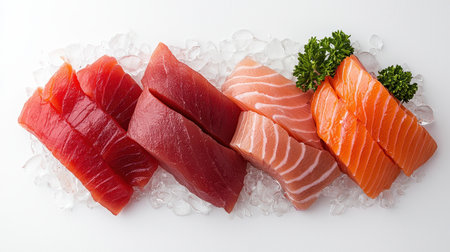 A colorful assortment of fresh sushi-grade fish arranged on ice, showcasing various cuts of salmon and tuna, garnished with parsley.の素材