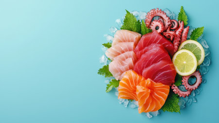 A vibrant platter of fresh sushi-grade seafood, including salmon, tuna, octopus, and garnished with lemon and greens on a light blue background.の素材