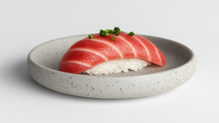 A beautifully crafted piece of sushi featuring vibrant red tuna atop a mound of rice, garnished with green onions on a minimalist plate.の素材