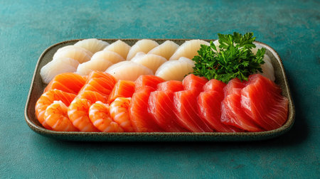A vibrant platter of assorted sushi featuring various fish slices, garnished with fresh parsley, showcasing a colorful seafood selection.の素材