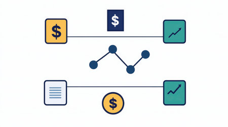 An abstract representation of financial data, showcasing dollar signs, charts, and documents, emphasizing connections between money, analytics, and growth.の素材