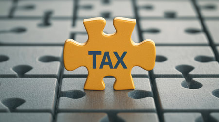 A yellow tax puzzle piece stands out against a gray background, symbolizing the importance of taxes in financial planning and organization.の素材