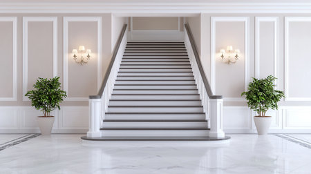 A grand staircase in an elegant foyer, adorned with potted plants and soft lighting, exuding sophistication and charm.の素材