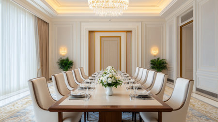 A luxurious dining room featuring an elegant long table set for a formal meal, adorned with flowers and surrounded by stylish chairs.の素材