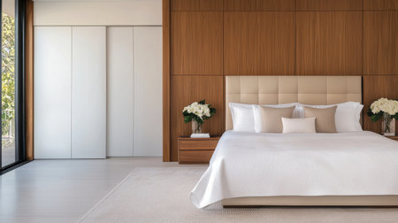 A modern bedroom featuring a stylish bed, wooden accents, and natural light streaming through large windows, creating a serene atmosphere.の素材