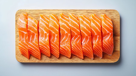 Freshly sliced salmon sashimi arranged neatly on a wooden platter, showcasing vibrant orange color and delicate texture.の素材