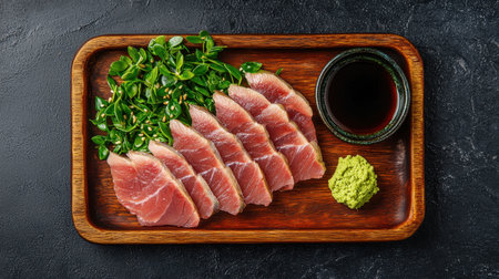 Freshly sliced tuna sashimi served with wasabi, green herbs, and soy sauce on a wooden platter against a dark background.の素材