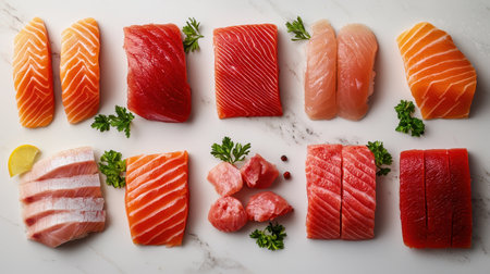 A vibrant display of various types of fish fillets, including salmon and tuna, arranged artistically on a marble surface with garnishes.の素材