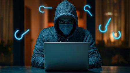 A person in a hoodie and mask sits in front of a laptop, surrounded by digital icons, suggesting themes of cybersecurity and hacking.の素材