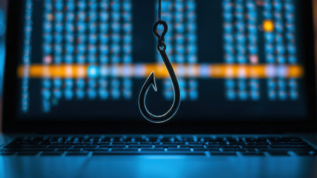 A digital illustration of a fishing hook in front of a laptop screen, symbolizing phishing and cybersecurity threats.の素材