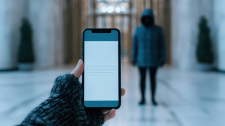 A person stands in the background while another holds a smartphone displaying a blank screen, set in a spacious, modern indoor environment.の素材