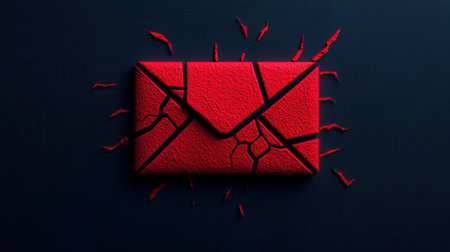 A bold red envelope appears cracked, set against a dark background, symbolizing urgency and broken communication.の素材