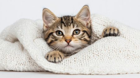 A cute tabby kitten peeks out from under a soft, knitted blanket, showcasing its playful expression and curious eyes.の素材