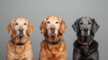 Three adorable Labrador Retrievers-two golden and one black-pose together against a neutral background, showcasing their unique personalities.の素材