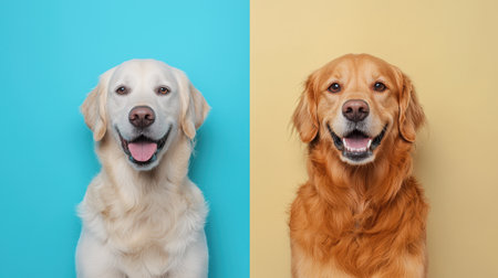 Two smiling Labrador Retrievers are shown against vibrant blue and yellow backgrounds, showcasing their friendly and playful nature.の素材