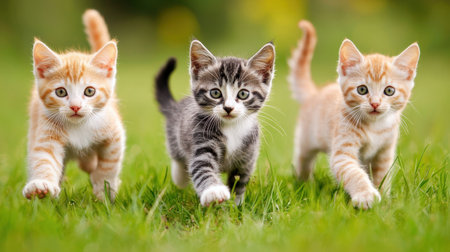 Three playful kittens-two orange and one gray-walk through lush green grass, exuding cuteness and curiosity.の素材