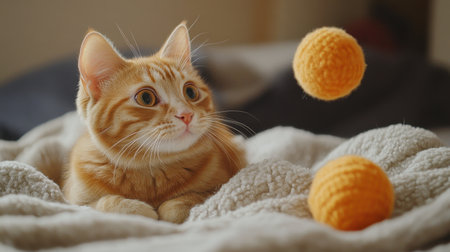 A curious orange cat watches two bouncing yellow balls while resting on a soft blanket, showcasing playful energy and feline charm.の素材
