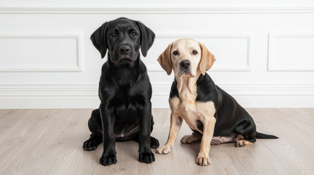Two adorable dogs, a black Labrador and a tan Beagle, sit side by side on a light wooden floor against a white wall.の素材