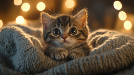 A charming kitten with large eyes rests on a cozy blanket, surrounded by soft lights, creating a warm and inviting atmosphere.の素材