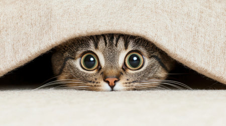A curious cat peeks out from under a blanket, showcasing its large, expressive eyes and playful demeanor.の素材