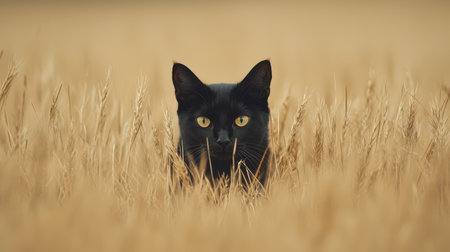 A black cat with striking yellow eyes peers through tall golden grass, creating a captivating contrast in a serene natural setting.の素材