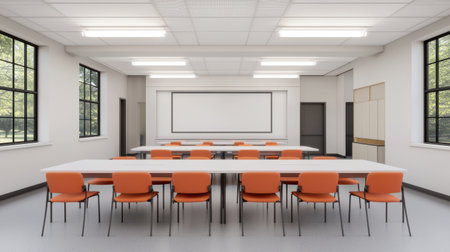 A modern classroom featuring a long table with orange chairs, large windows, and a blank screen, ideal for meetings or educational activities.の素材
