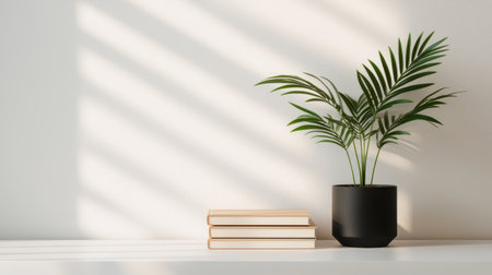 A serene indoor scene featuring a potted plant beside stacked books, enhanced by soft shadows from light streaming through a window.の素材