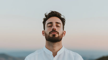 A serene man in a white shirt, eyes closed, enjoying a moment of tranquility against a soft, pastel sky backdrop.の素材